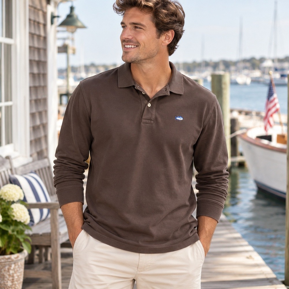 Southern Tide Polo Shirt Skipjack Long Sleeve Cotton Preppy Brown Men's Large